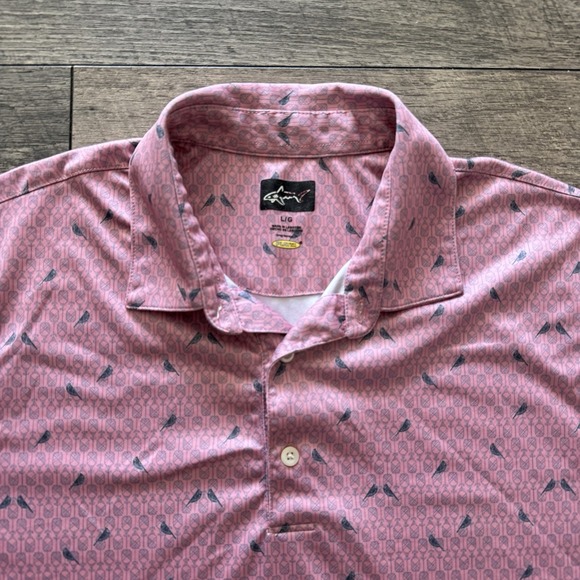 Greg‎ Norman Golf Polo Shirt Play Dry Performance Mens Large Pink All Over Print - Picture 2 of 8